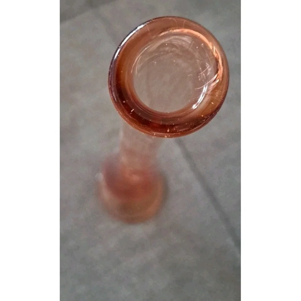 Vtg. Pink Molded Glass Bud Vase w/Etched Flower & Vine, 7.5